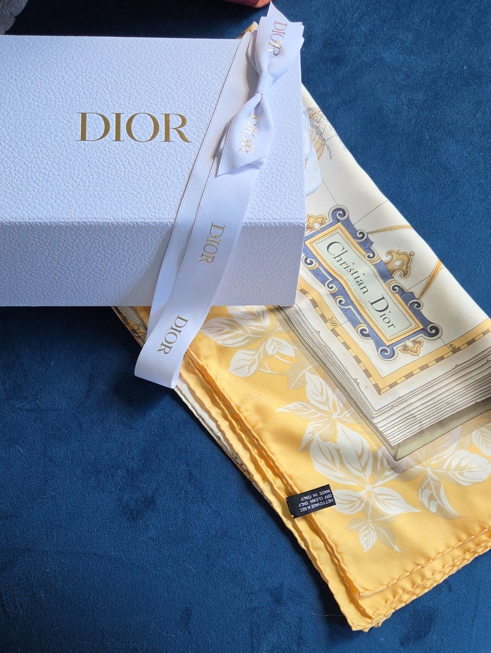 Dior Yellow & Cream Map-Print Silk Scarf